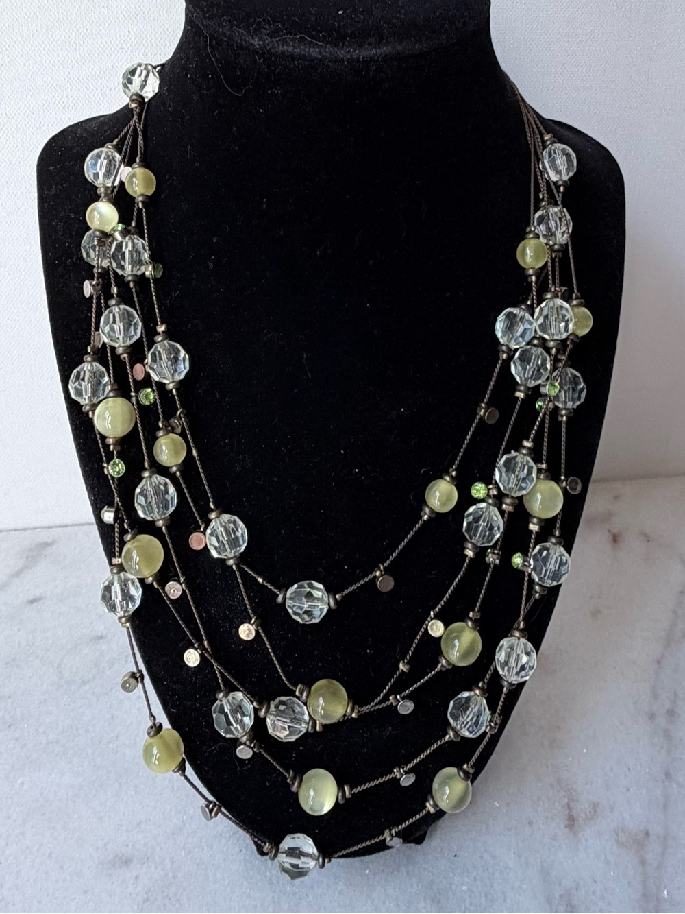 Multi-Strand Olive Green and Clear Bead Necklace